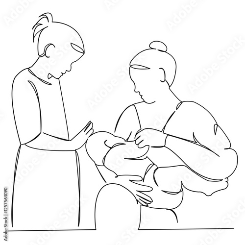 One continuous single drawing line art flat doodle happy, mom, one, illustration, mother, love, food, nursing. Isolated image hand draw contour on a white background
