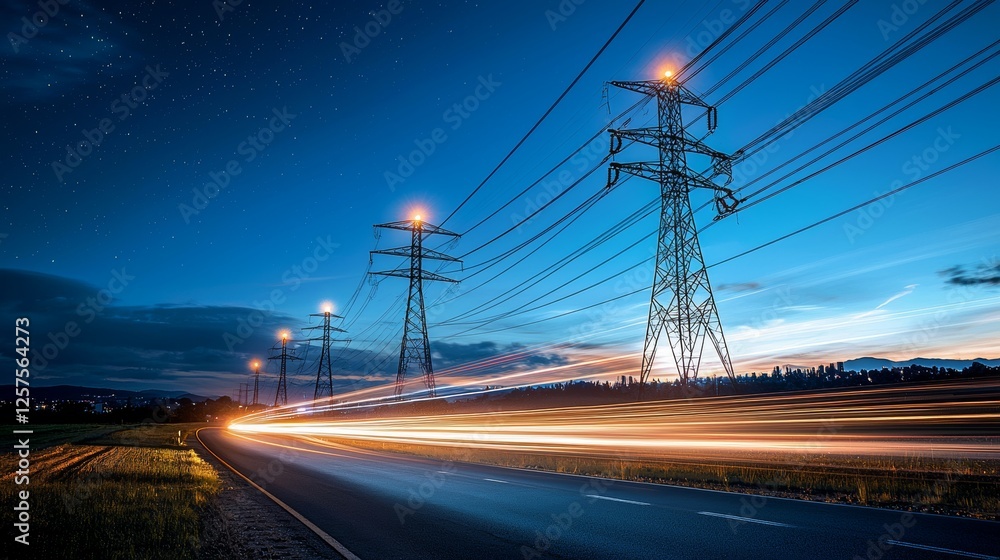 Electricity transmission towers and infrastructure network, with digital visualization of power lines powered by renewable energy, against a starry sky Electricity transmission towers and infrastructure network, with digital visualization of power lines powered by renewable energy, against a starry sky