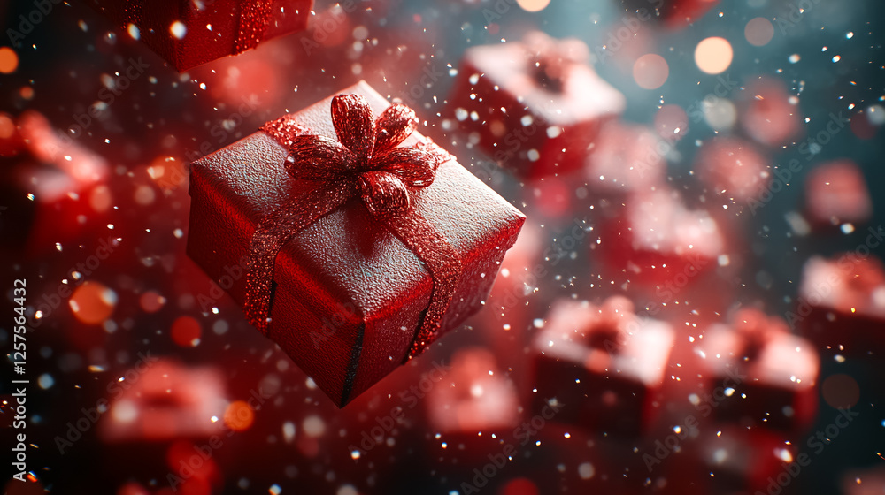 Red gift boxes with festive bows float amidst sparkling bokeh and snow creating a magical holiday atmosphere perfect for Christmas New Year and celebration designs. Red gift boxes with festive bows float amidst sparkling bokeh and snow creating a magical holiday atmosphere perfect for Christmas New Year and celebration designs.