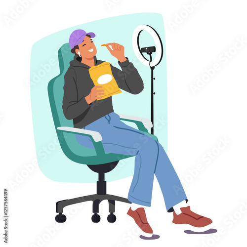 Happy laughing teenage girl cartoon character enjoying live streaming sitting front of led lamp