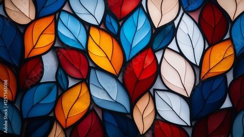 a close up of a stained glass window with colorful leaves