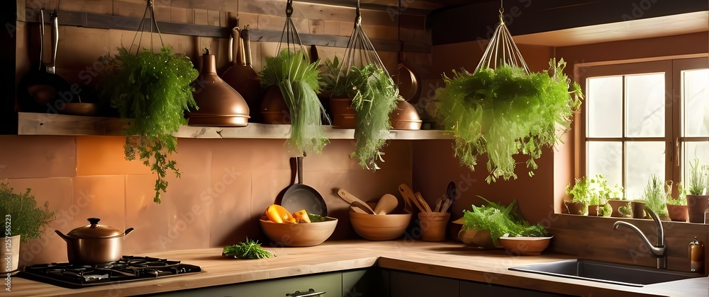 A rustic kitchen adorned with fresh herbs hanging and warm colors promoting the joy of home cooking and togetherness A rustic kitchen adorned with fresh herbs hanging and warm colors promoting the joy of home cooking and togetherness