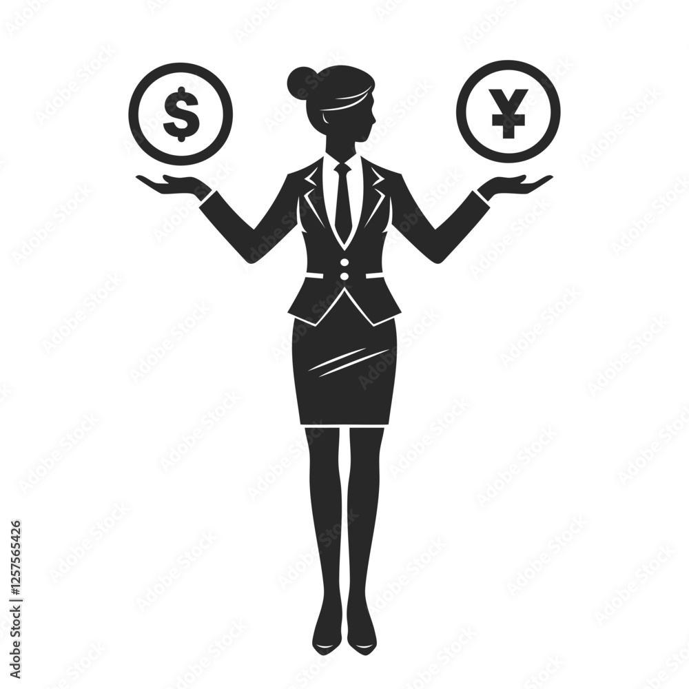 A silhouette of a businesswoman choice a yuan and dollar currency symbol, representing finance and commerce. A silhouette of a businesswoman choice a yuan and dollar currency symbol, representing finance and commerce.
