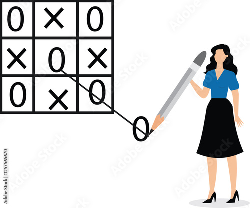 A businesswoman draws tic tac toe outside the box. Illustration for breaking the rules, freedom, innovation, and thinking outside the box