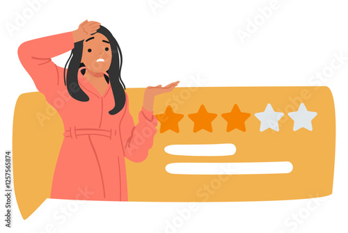 Woman cartoon character feeling upset and unhappy due to negative comment and low customer feedback