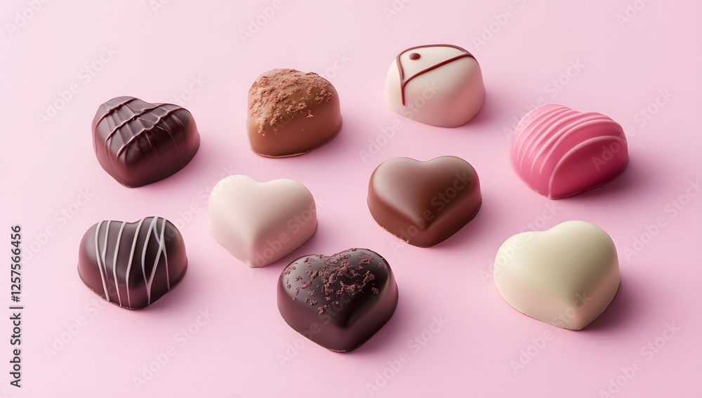 Obraz premium Assorted heart-shaped chocolates on pink background