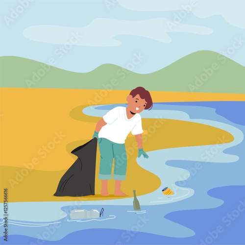 Little child cartoon character cleaning sand beach picking plastic bottles from water surface scene