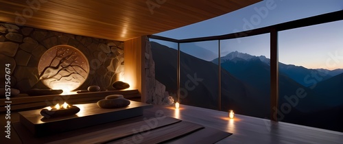 A tranquil yoga retreat nestled in the mountains promoting wellness and inner peace in a serene atmosphere