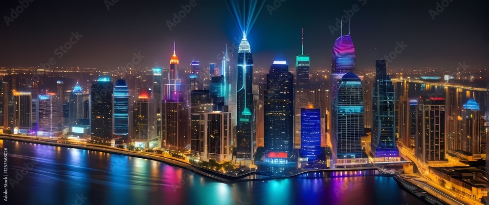 Fototapeta premium A vibrant city skyline glittering at night with high rise buildings adorned with colorful lights encapsulating the heartbeat of luxury urban living