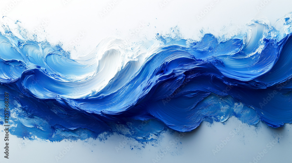 Abstract textured painting of ocean waves created with thick blue and white brushstrokes, evoking movement and energy Abstract textured painting of ocean waves created with thick blue and white brushstrokes, evoking movement and energy