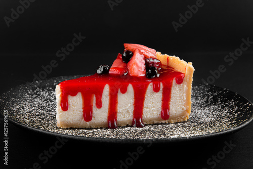 New York cheesecake with strawberries and syrup on a dark plate on a black background