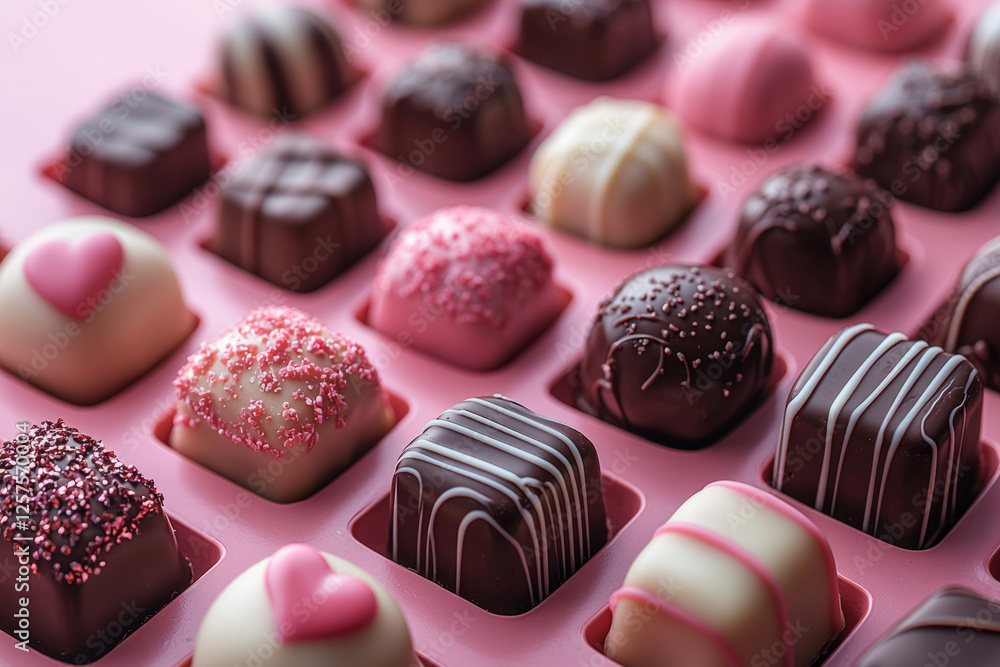 some chocolate shapes in a pink box for valentine's day with love theme. The dominant colors are soft pink, white, and soft purple. Soft pink background. some chocolate shapes in a pink box for valentine's day with love theme. The dominant colors are soft pink, white, and soft purple. Soft pink background.