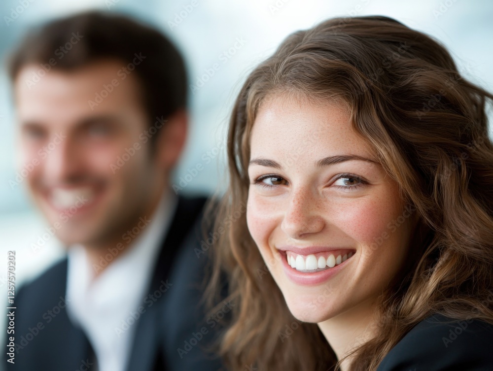 businesswoman smiling with colleague in Background businesswoman smiling with colleague in Background