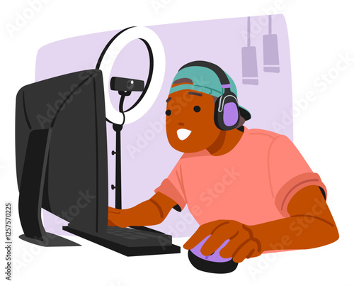 Experienced boy teenager streamer cartoon character playing video games online enjoying vlogging