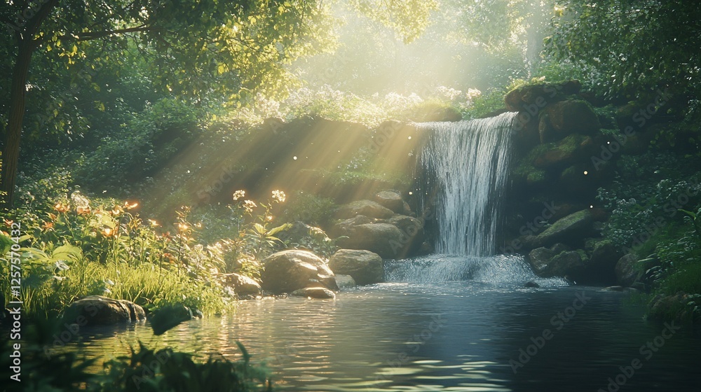 Sunlit Waterfall in Lush Forest Sunlit Waterfall in Lush Forest