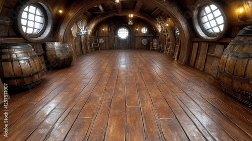 Fototapeta Naklejka Na Ścianę i Meble -  Wooden ship interior, empty space, barrels, fantasy setting, game background