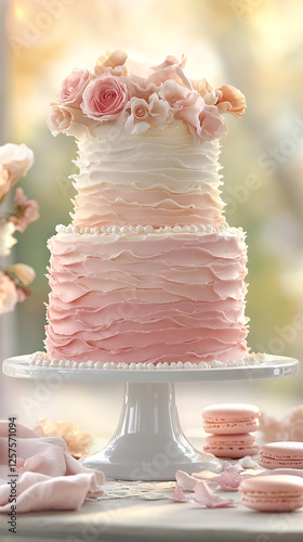 Ombre pink cake with flowers and macarons