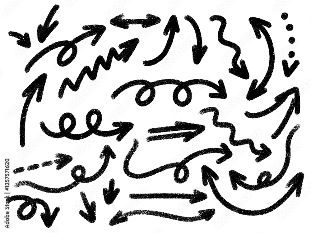 Hand drawn various vector arrows. Doodle brushes drawn arrows in different directions. Curved and Zig-zag. Bold brushes with scratches. Hand drawn various vector arrows. Doodle brushes drawn arrows in different directions. Curved and Zig-zag. Bold brushes with scratches.