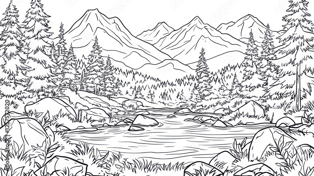 Mountain river landscape drawing, nature scene, coloring book page