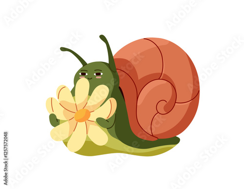 Cute snail with daisy crawls. Happy slug with shell house holds meadow flower. Funny little snailfish character with bloom wildflower in hands. Flat isolated vector illustration on white background photo