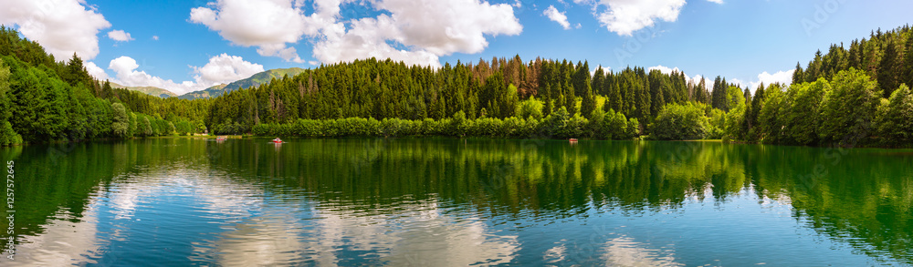 Panoramic view of Karagol Lake and forest. Landscape of a lake Panoramic view of Karagol Lake and forest. Landscape of a lake