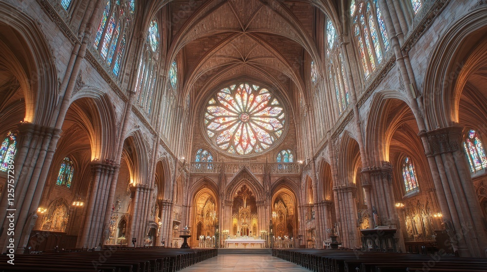 Fototapeta premium Grand Cathedral Interior, Sunlight Through Stained Glass, Worship Space