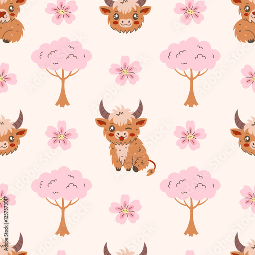 Highland Cow and Cherry Blossom Seamless Pattern. Cute pastel colored spring background with rural horned cattle and pink sakura flowers and trees. Kawaii springtime vector illustration