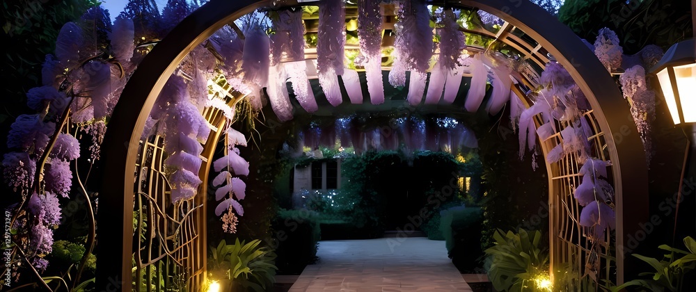 Obraz premium Charming trellis covered in wisteria flowers creating an enchanting entrance to a beautiful garden