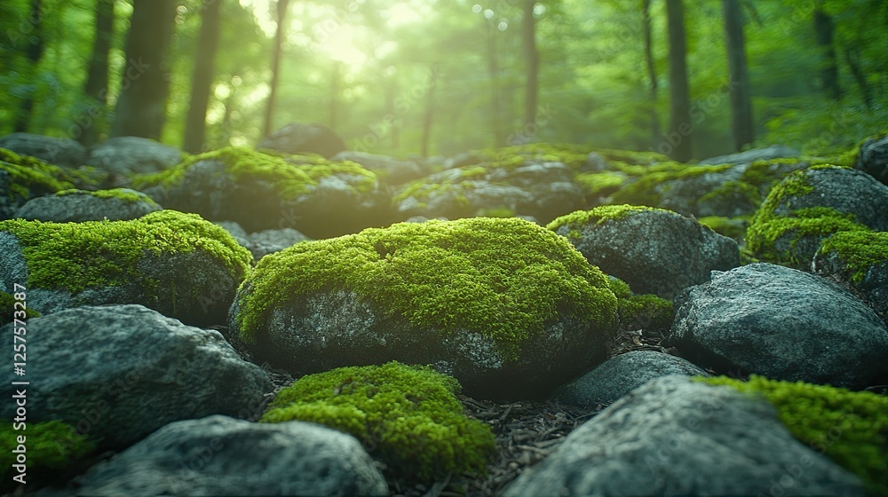 Sunlit Moss Covered Rocks In A Forest Sunlit Moss Covered Rocks In A Forest