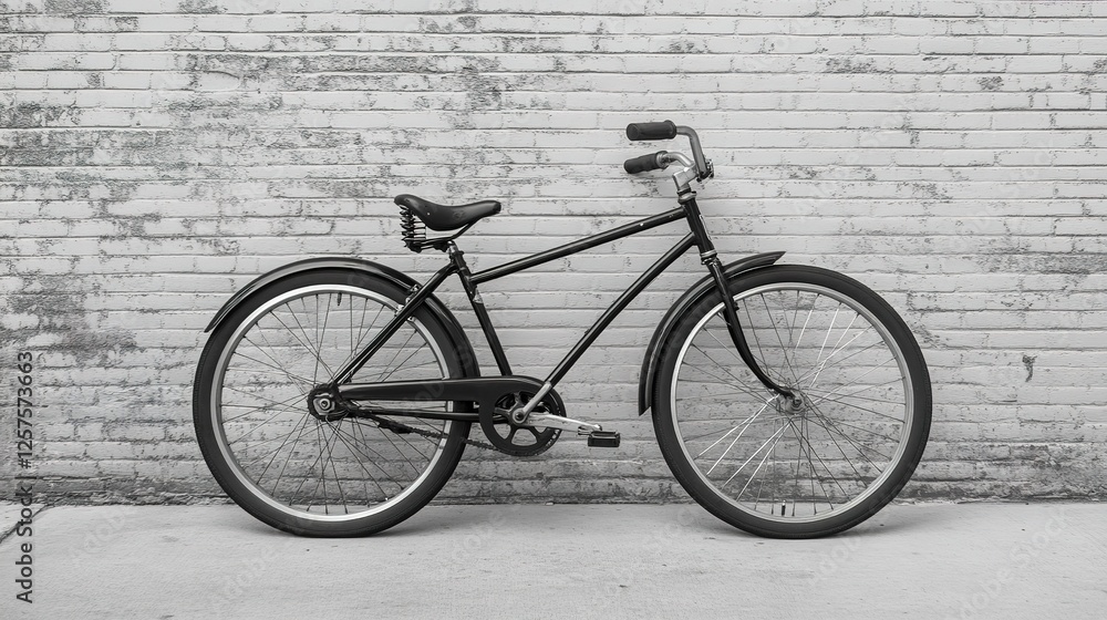 Black bicycle leans against a white brick wall Black bicycle leans against a white brick wall