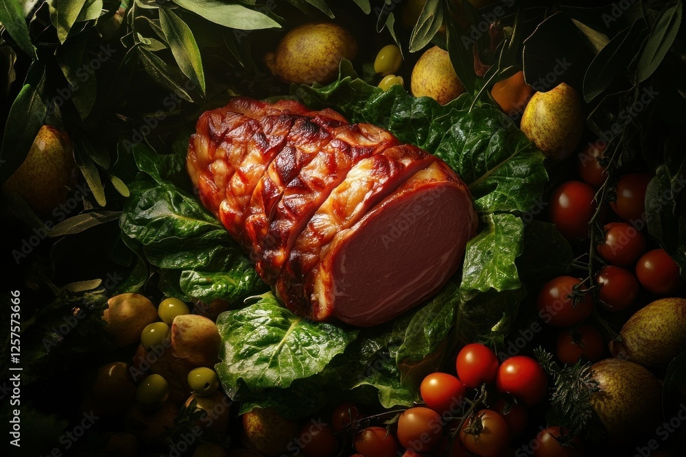 Φωτογραφία smoked ham resting on a bed of fresh lettuce leaves with an array of cherry toma