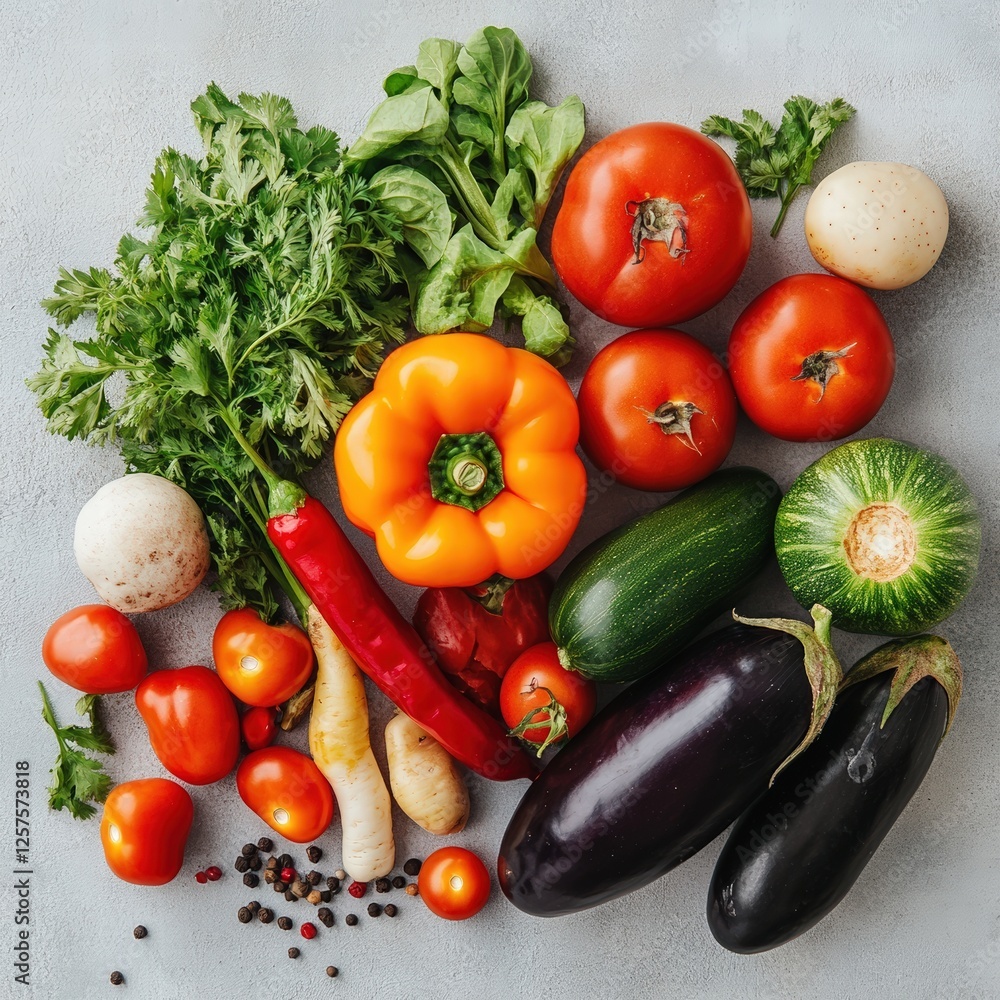 An organized selection of seasonal vegetables featuring tomatoes, peppers, and greens, evoking freshness and flavor. An organized selection of seasonal vegetables featuring tomatoes, peppers, and greens, evoking freshness and flavor.