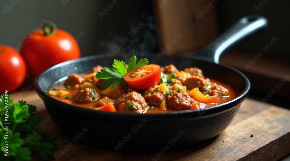 Savory Meatball Stew in Cast Iron Pan with Fresh Herbs and Tomatoes Savory Meatball Stew in Cast Iron Pan with Fresh Herbs and Tomatoes