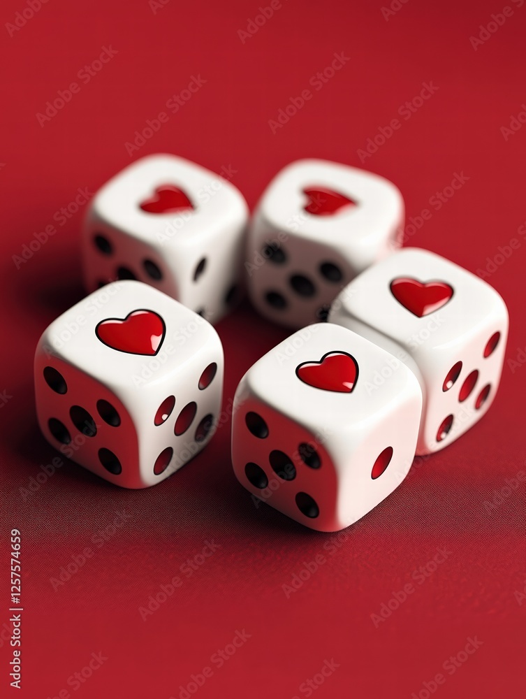 Five white dice displaying red heart symbols against a vibrant red background, representing love and chance. Five white dice displaying red heart symbols against a vibrant red background, representing love and chance.