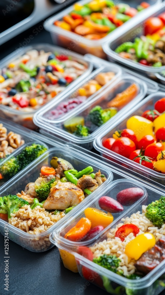 A variety of plastic containers filled with different types of food A variety of plastic containers filled with different types of food