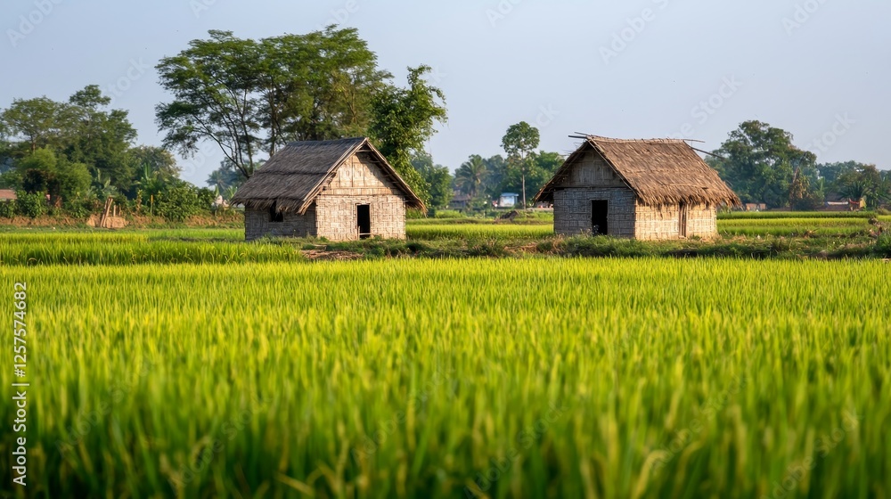 A tranquil scene of a rural Indian village, featuring mud huts with traditional thatched roofs and verdant fields, embodies the simplicity and charm of village life A tranquil scene of a rural Indian village, featuring mud huts with traditional thatched roofs and verdant fields, embodies the simplicity and charm of village life