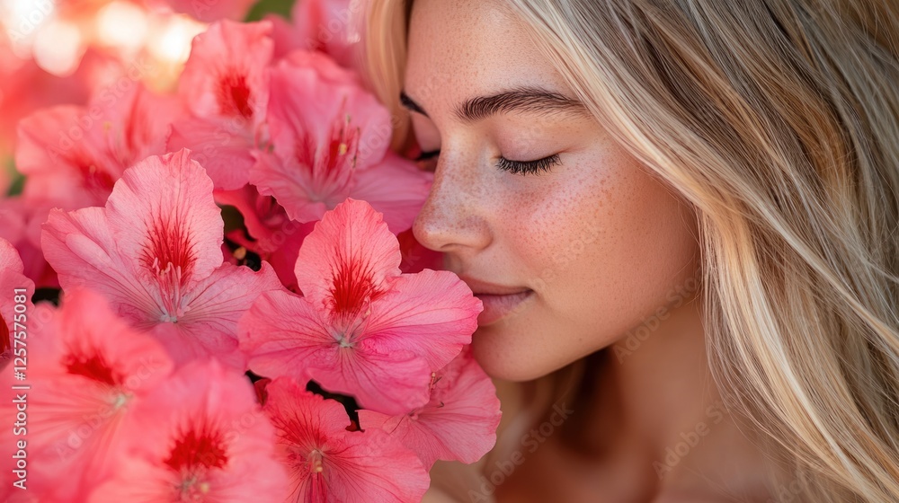 Young woman with long blonde hair gently smelling vibrant pink flowers in a sunny garden setting Young woman with long blonde hair gently smelling vibrant pink flowers in a sunny garden setting