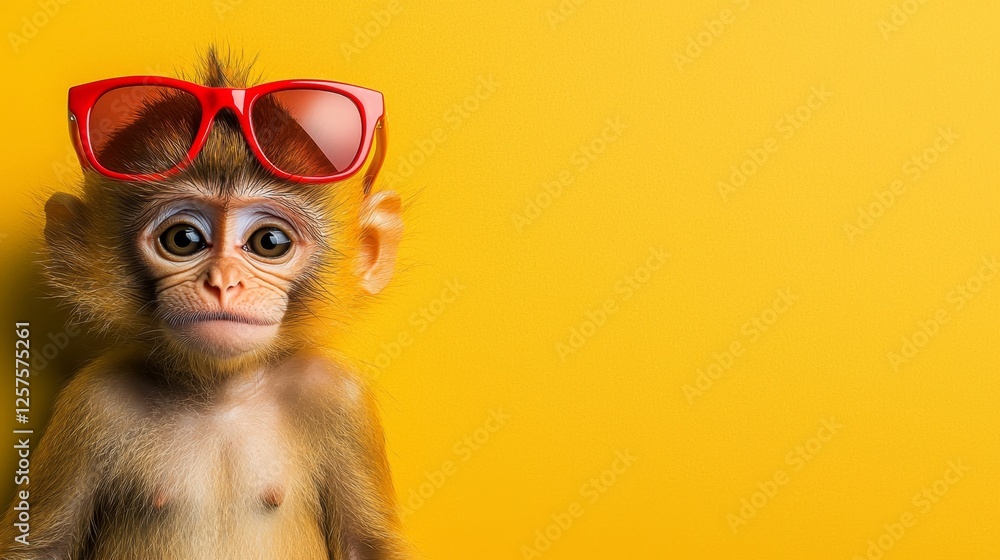 Obraz premium A monkey wearing red sunglasses on a yellow background