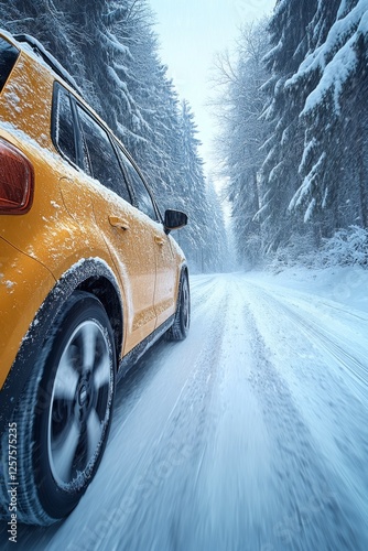 A yellow car driving down a snowy road in the woods