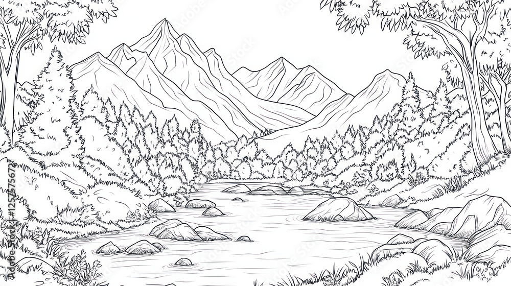 Naklejka premium Mountain river scene, forest, nature coloring page