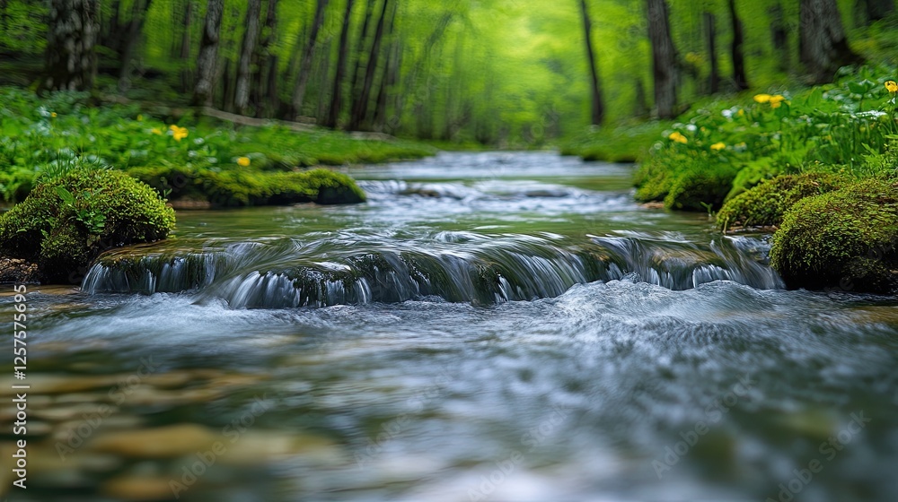 Serene Forest Stream Flows Gently Over Mossy Rocks Serene Forest Stream Flows Gently Over Mossy Rocks