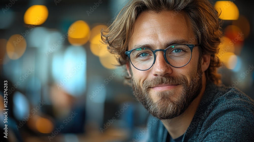 Young man with glasses smiling warmly in a modern cafe with blurred background activity Young man with glasses smiling warmly in a modern cafe with blurred background activity