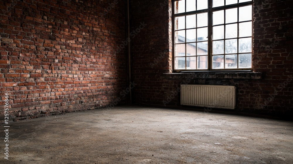 Empty brick room, large window, city view, industrial background; product display Empty brick room, large window, city view, industrial background; product display