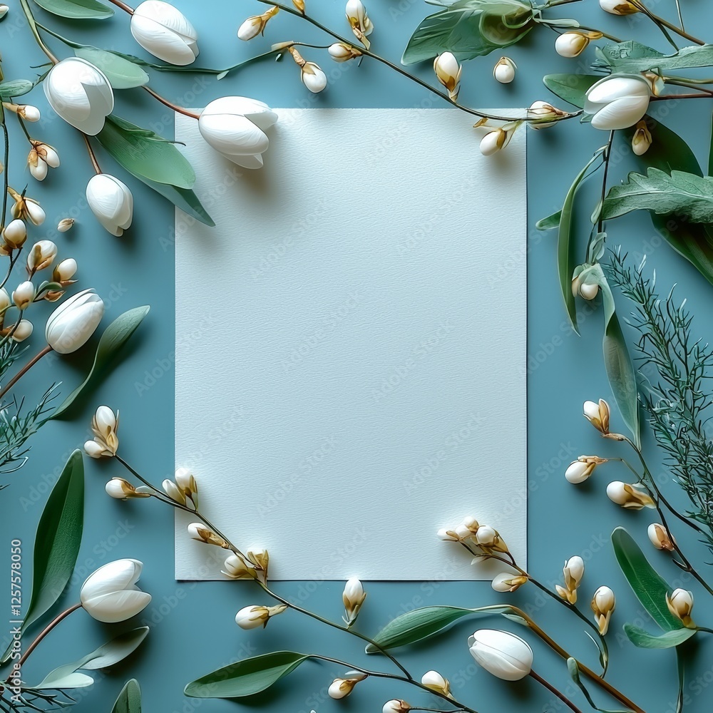 Fototapeta premium Creative layout featuring snowdrop flowers on a vibrant blue backdrop. Flat lay. Minimalist spring design