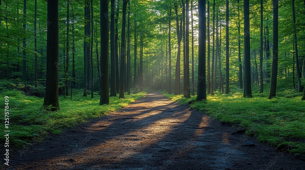 Obraz premium Sunlit Path Through A Lush Green Forest
