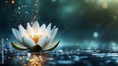 A glowing white lotus flower with light particles background, Glowing White Lotus on Reflective Water