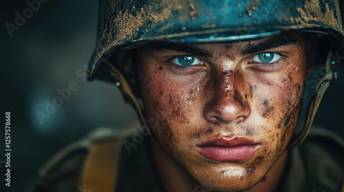 Young soldier showing determination with dirt and grime on his face, reflecting the intensity of battle during wartime photo