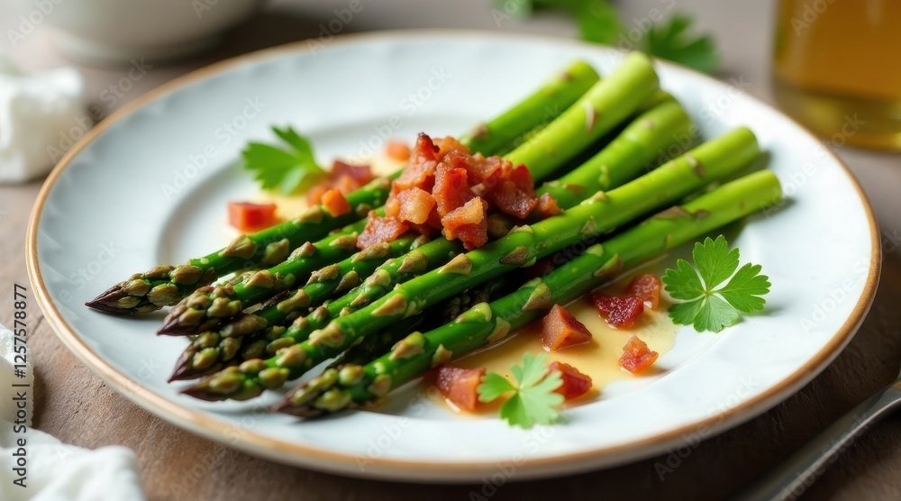 Delicious Green Asparagus with Crispy Bacon Bits and Creamy Sauce on a White Plate Delicious Green Asparagus with Crispy Bacon Bits and Creamy Sauce on a White Plate