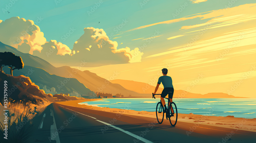 Fototapeta premium Illustration of a person riding a bicycle on the beach 