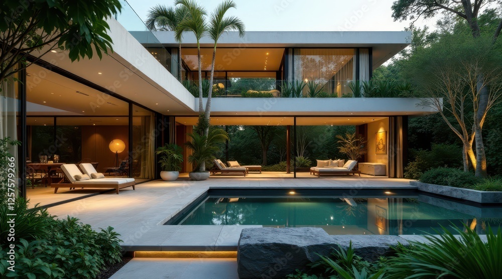 Fototapeta premium Modern architectural marvel showcasing a serene poolside oasis with expansive glass walls and lush landscaping at twilight